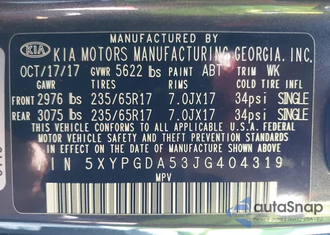 2018 Kia Sorento 3.3L Lx из США, поврежденный, VIN 5XYPGDA53JG404319